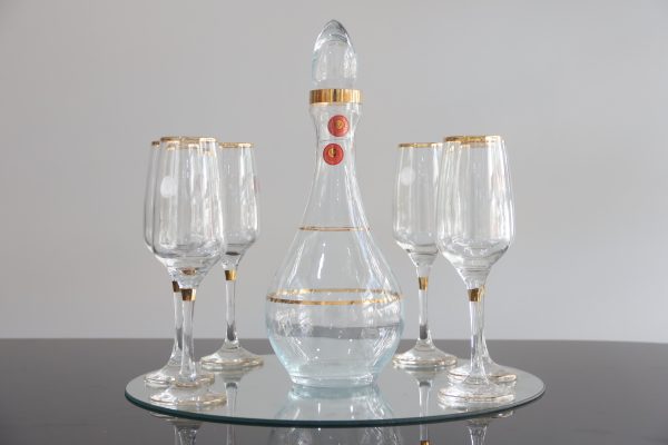 6verres long +carafe doré